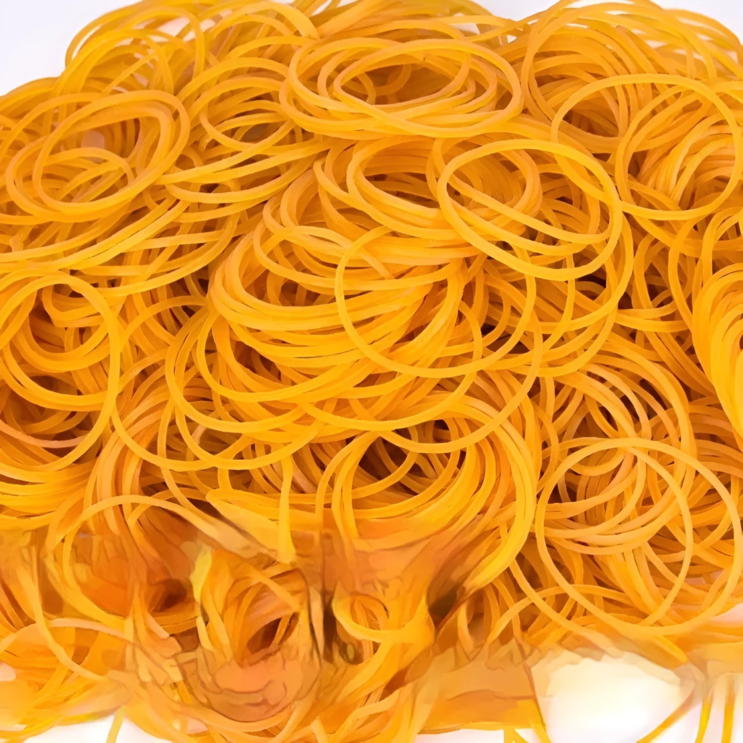 500g pack of yellow rubber bands showing assorted sizes from small to large diameters
