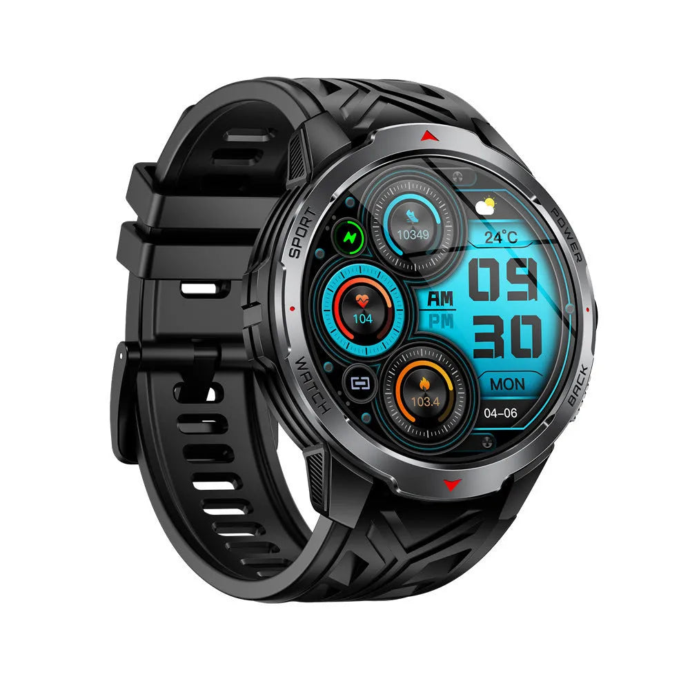 Smart watch with Bluetooth calling and heart rate monitor on wrist, black silicone strap