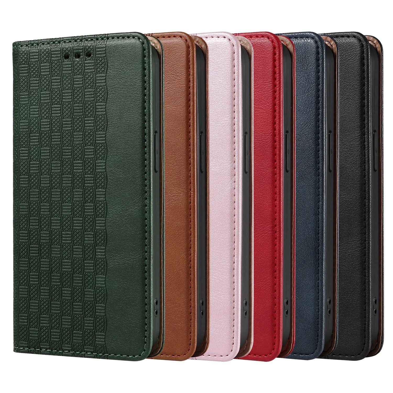 Embossed leather-look flip phone case for iPhone in black, shown open and closed.