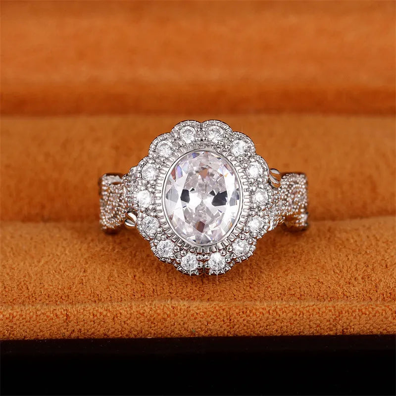 Women's white gold colour round zircon ring with geometric shape and diamond copper plating