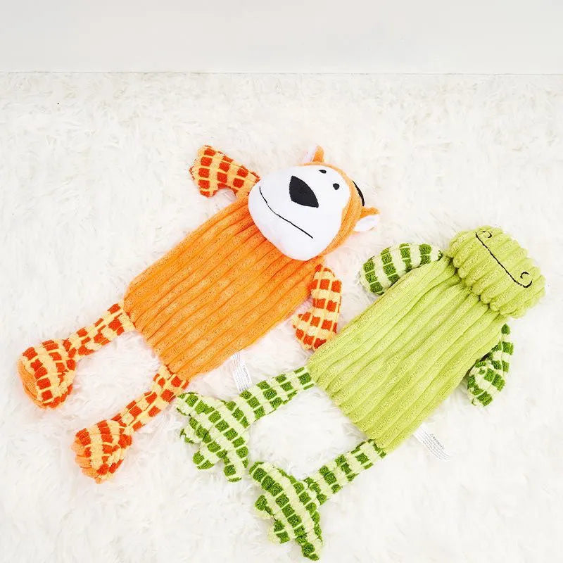 Green and orange immortal squeaker plush dog toy for aggressive chewers with double-layer construction