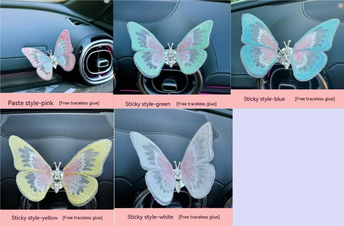 Embroidered butterfly fabric decoration for car air vent or dashboard in multiple colour options