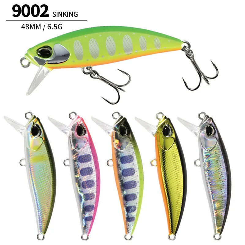 48mm hard body fishing lure for submerged mino technique, shown in multiple colours.