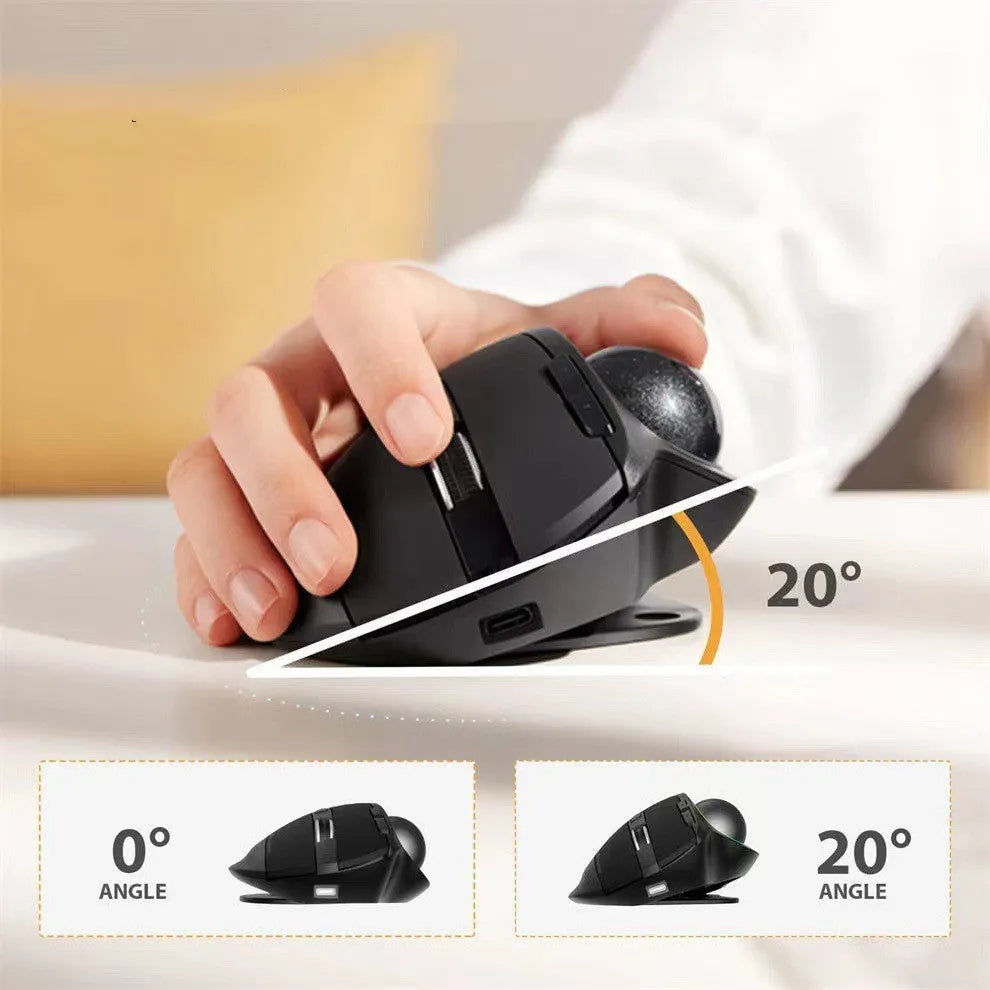 Black wireless trackball mouse with dual 2.4G and Bluetooth connectivity and luminous effect