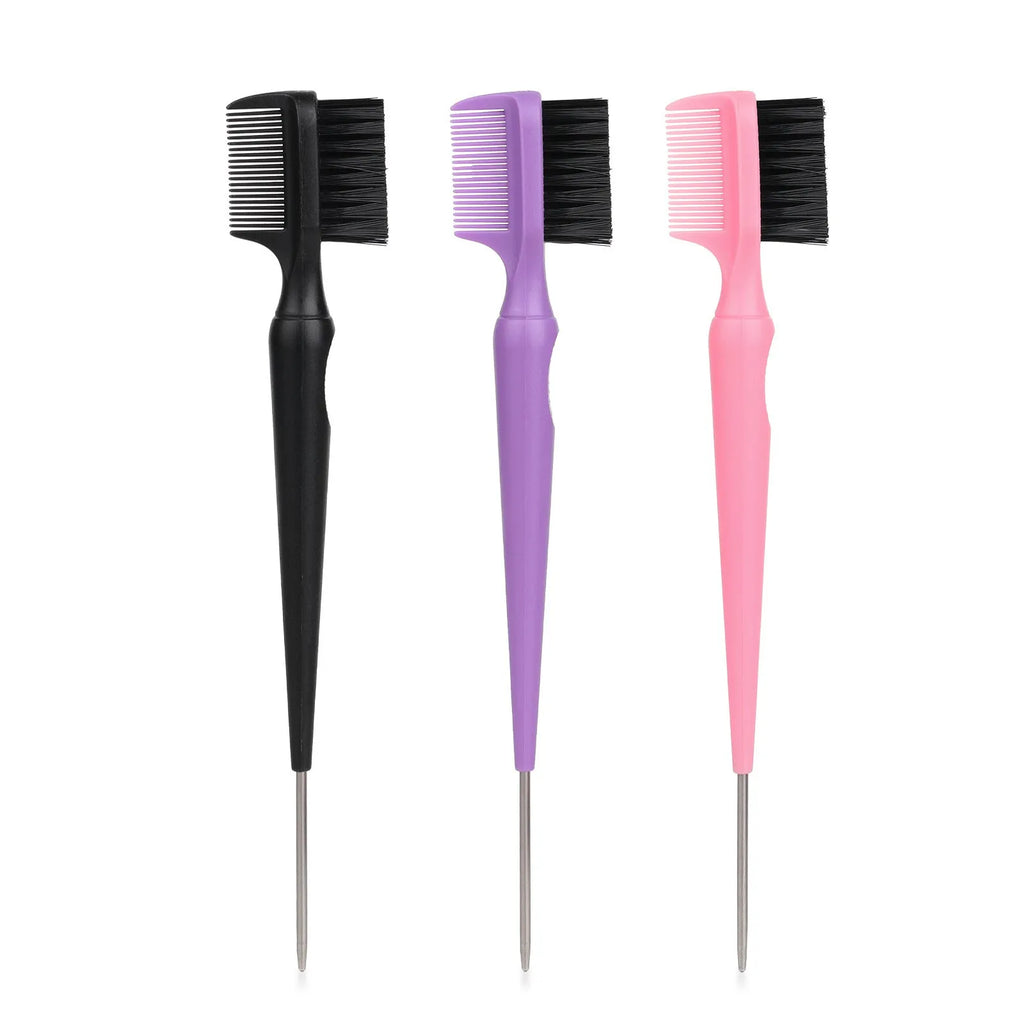 Double-headed steel needle eyebrow brush cleaner with plastic handle in black, pink, and purple colours over 20cm long