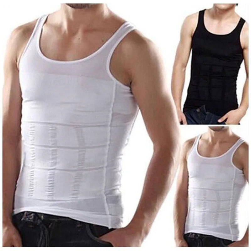 Men's tight-waist body shaper tank top in cotton blend, black or white, sizes S to XXL