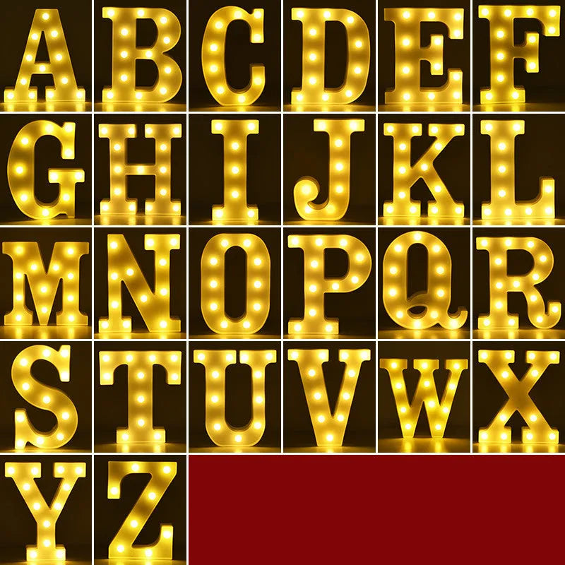 LED plastic letter lights showing alphabet designs for birthday and romantic decorations