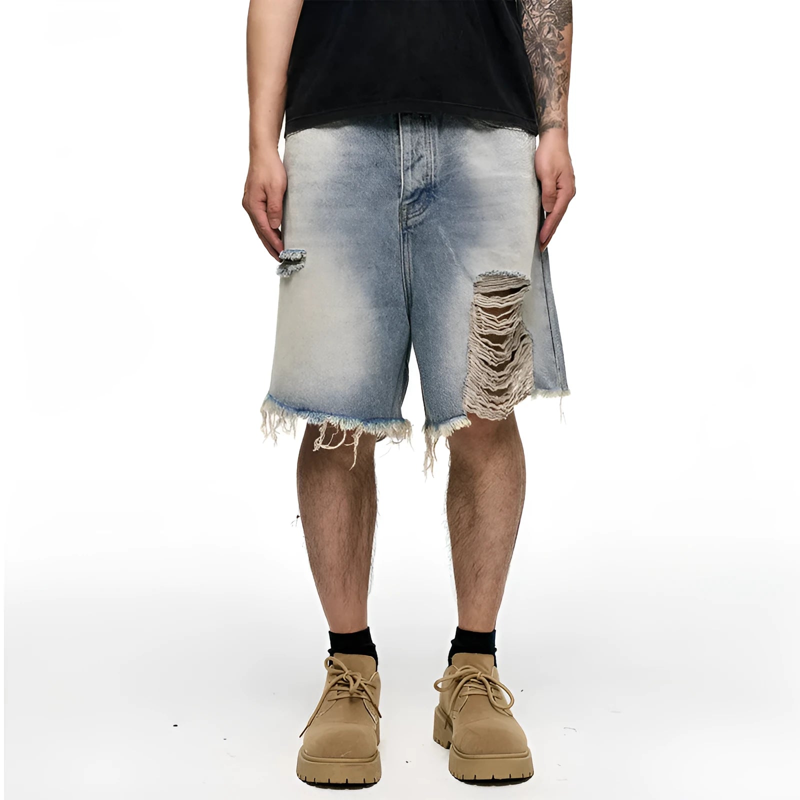 Men's light blue baggy denim shorts with wide leg cut and zip fly