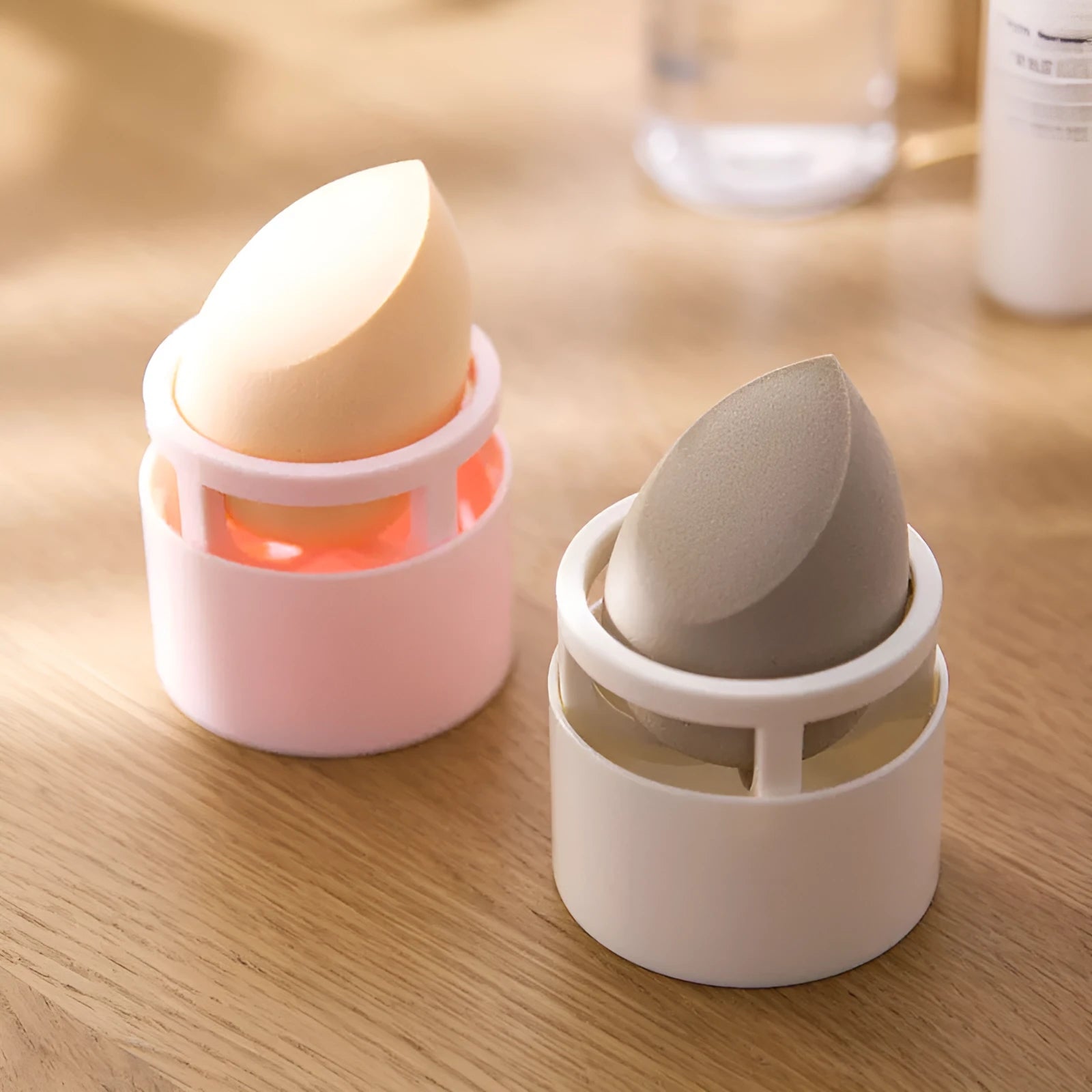 Pink plastic beauty egg stand with dustproof cover for bedroom cosmetics storage