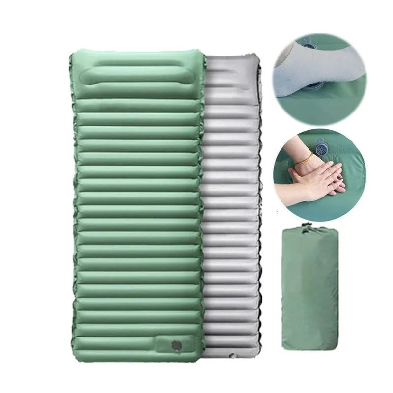 Single inflatable camping air mattress in grey, shown rolled and expanded, with integrated valve.