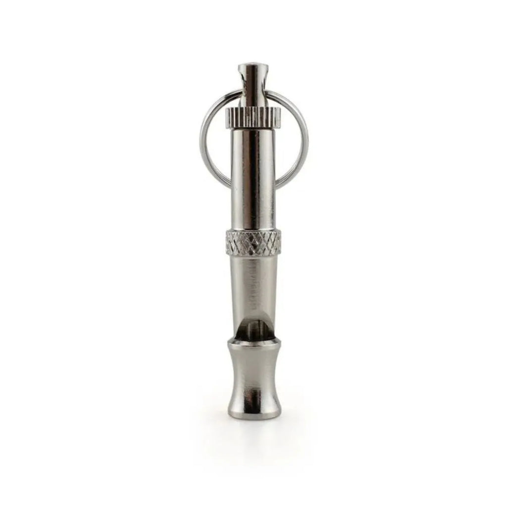 Metallic-coloured adjustable ultrasonic dog whistle with brass electroplated nickel construction
