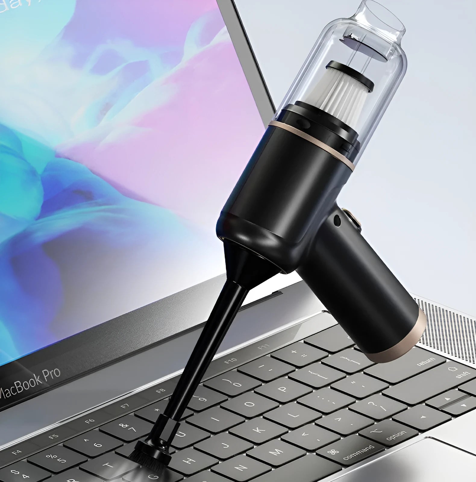 Black wireless handheld car vacuum cleaner with attachments including brushes and nozzles.