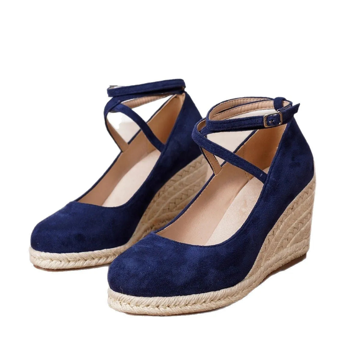 Dark blue straw woven wedge closed toe high heels with buckle fastening on a light background