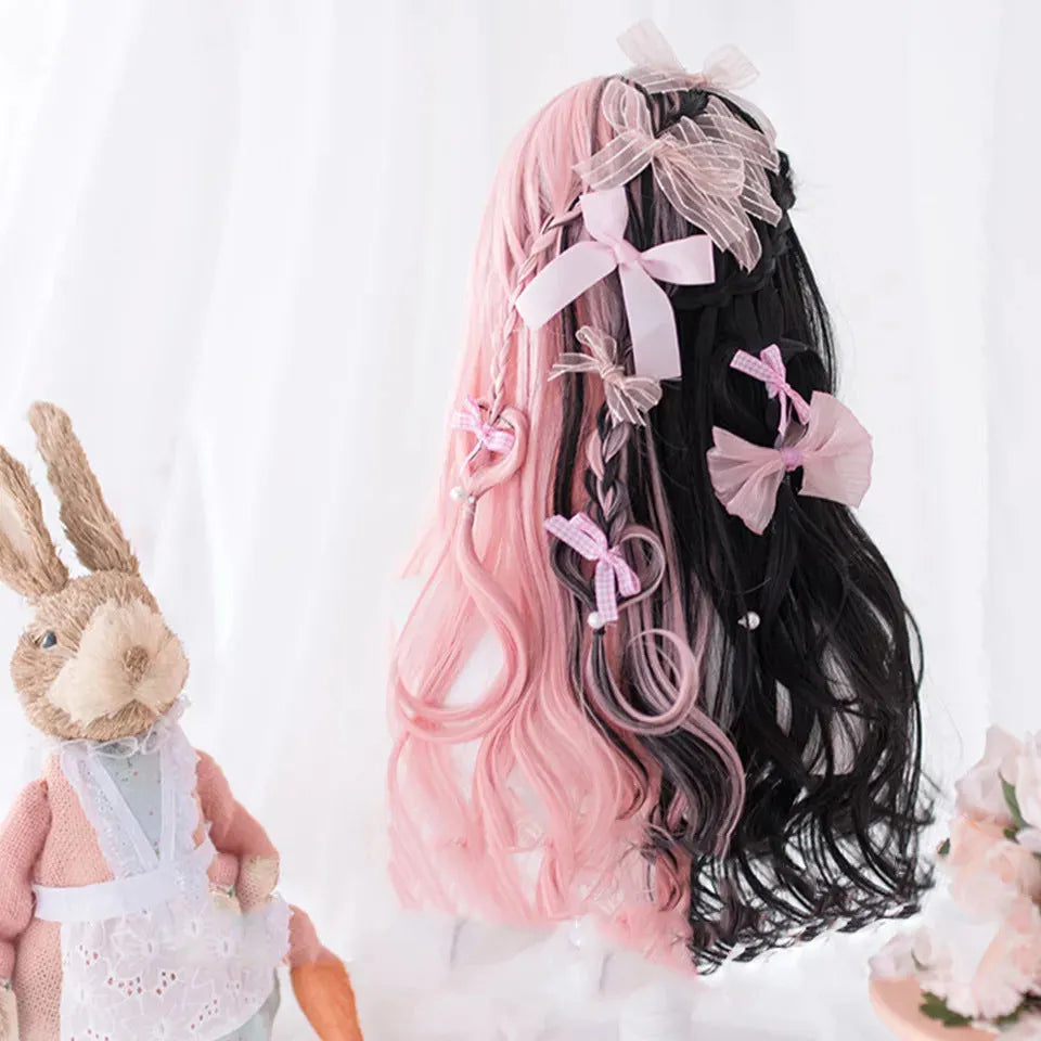 Black pink Harajuku Japanese Lolita wig with long curly hair and full fringe for cosplay