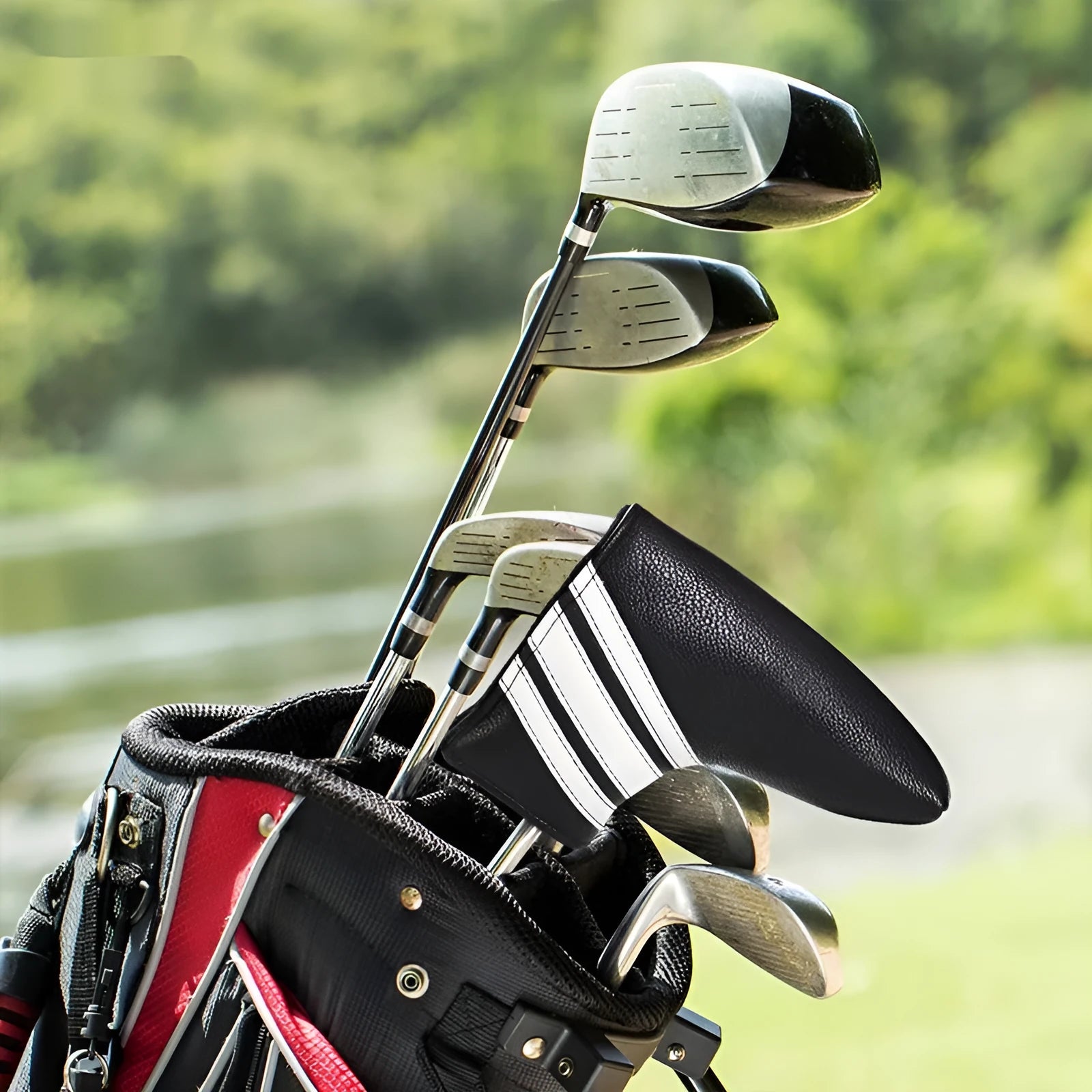 Black PU leather golf putter cover sleeve for club head protection.