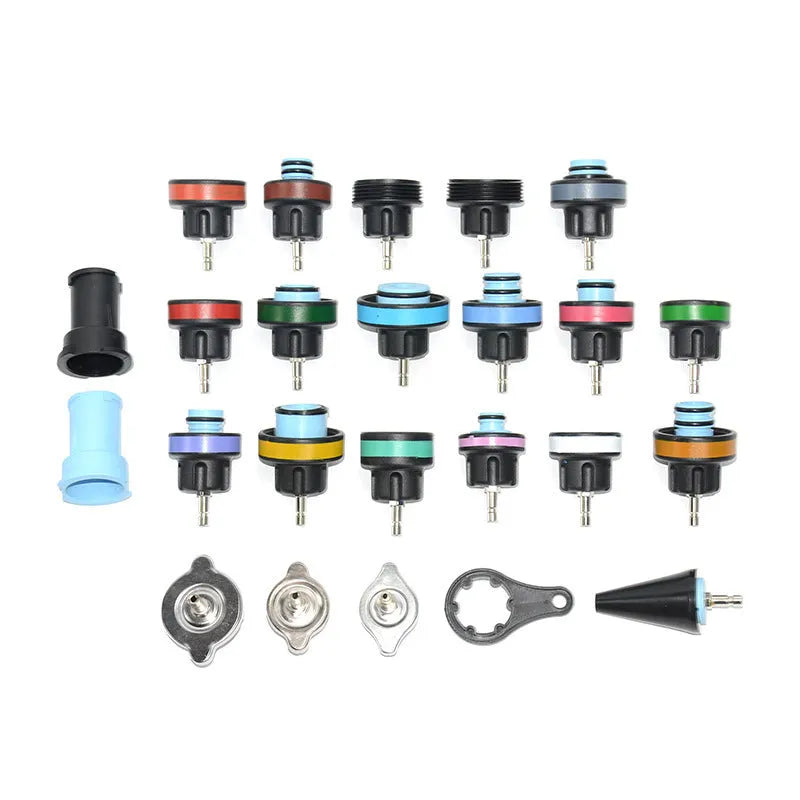 28-piece blue automotive cooling system pressure tester kit with vacuum purge and refill tools