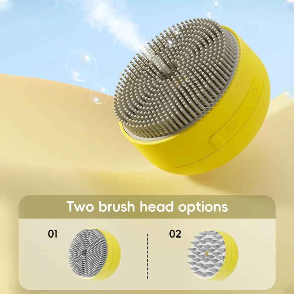 Green rechargeable cat steam brush with silicone bristles on a table.