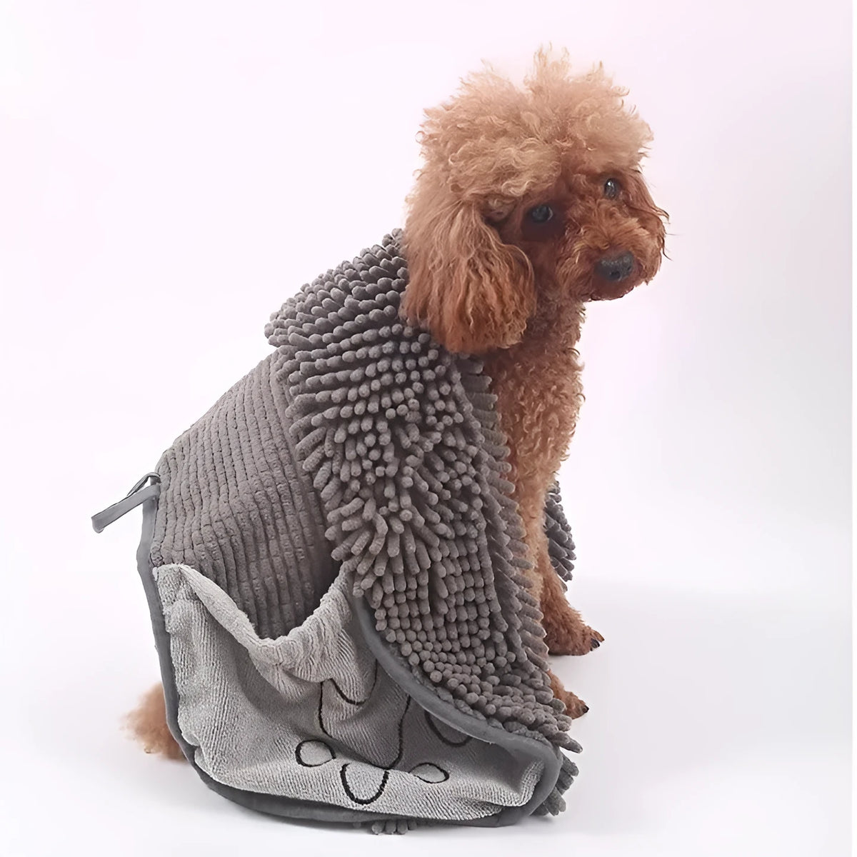 Grey chenille pet towel for dogs and cats, absorbent fibre bath towel supplied as one piece