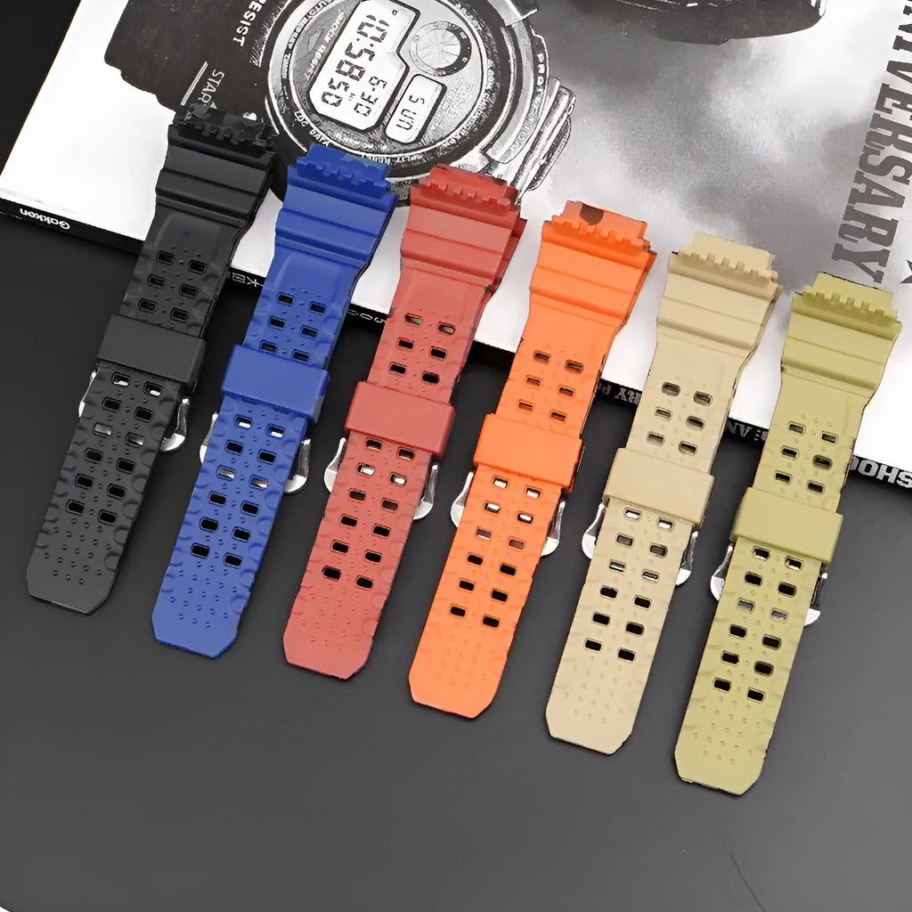 Camouflage TPU watch strap with silver buckle laid flat showing slim 2mm profile