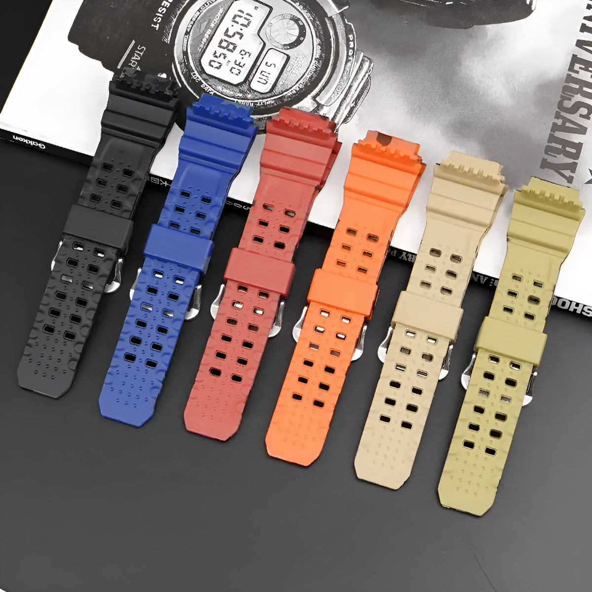 Camouflage TPU watch strap with silver buckle laid flat showing slim 2mm profile