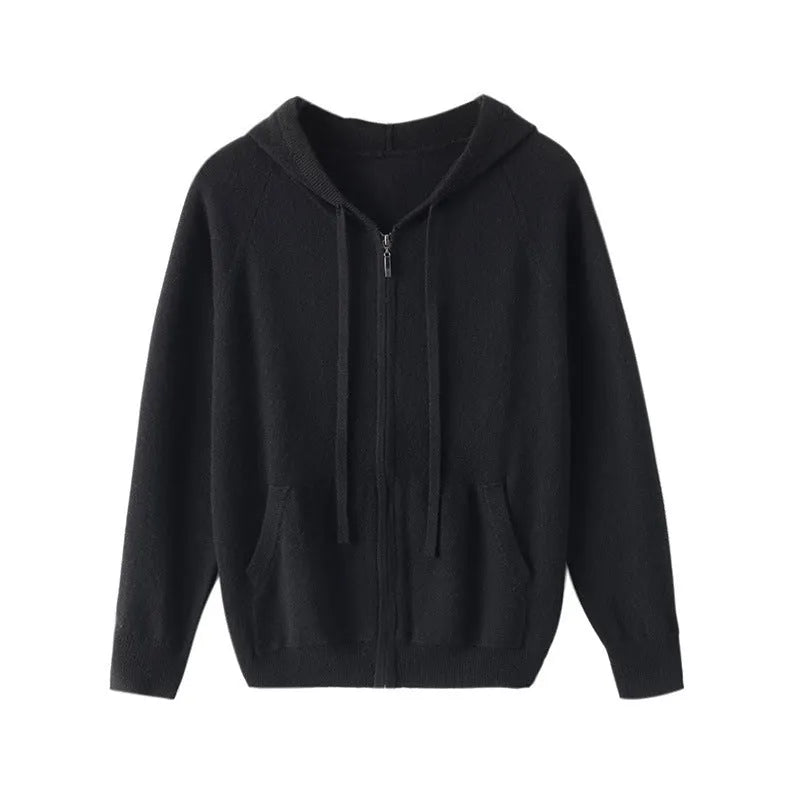 Men's cashmere knitted cardigan with full zip front and hood in solid colour options