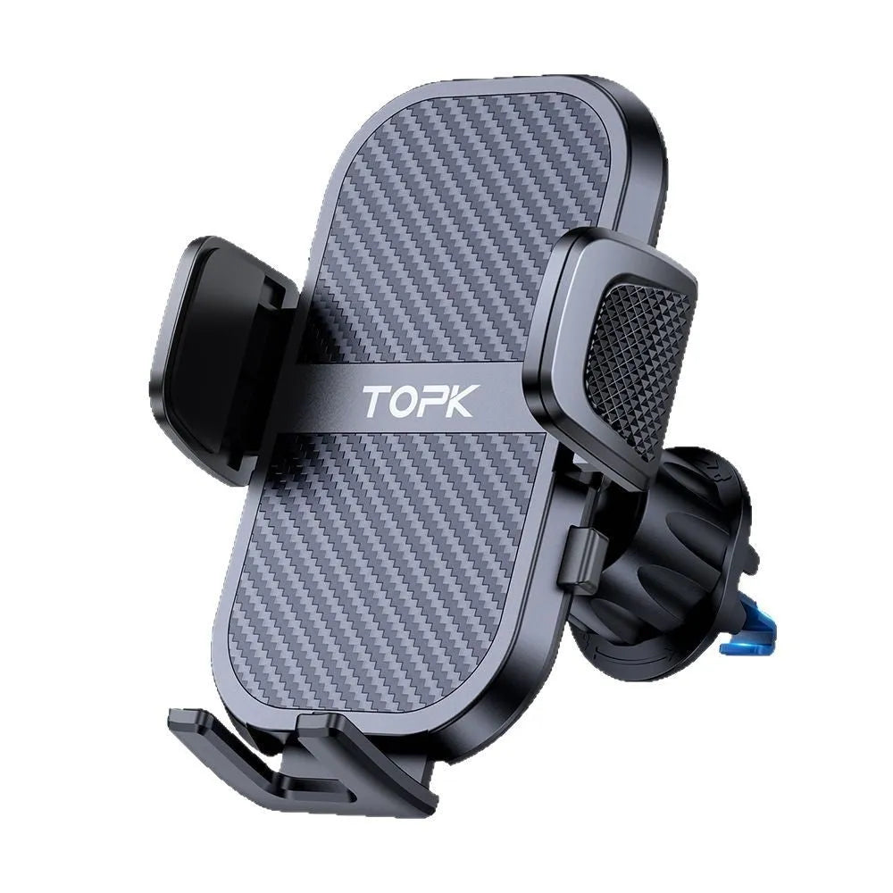 TOPKD46 universal car phone holder with multiple bracket styles for windscreen, vent, and dashboard mounting.
