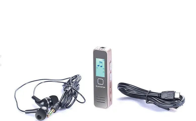Mini portable digital voice recorder in gold or black with display screen and compact plastic housing