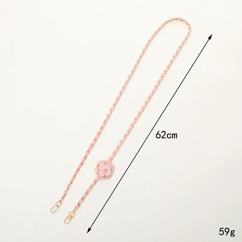 Artificial leather crossbody chain phone lanyard with rose and camellia floral pattern in Korean style, aluminium clip