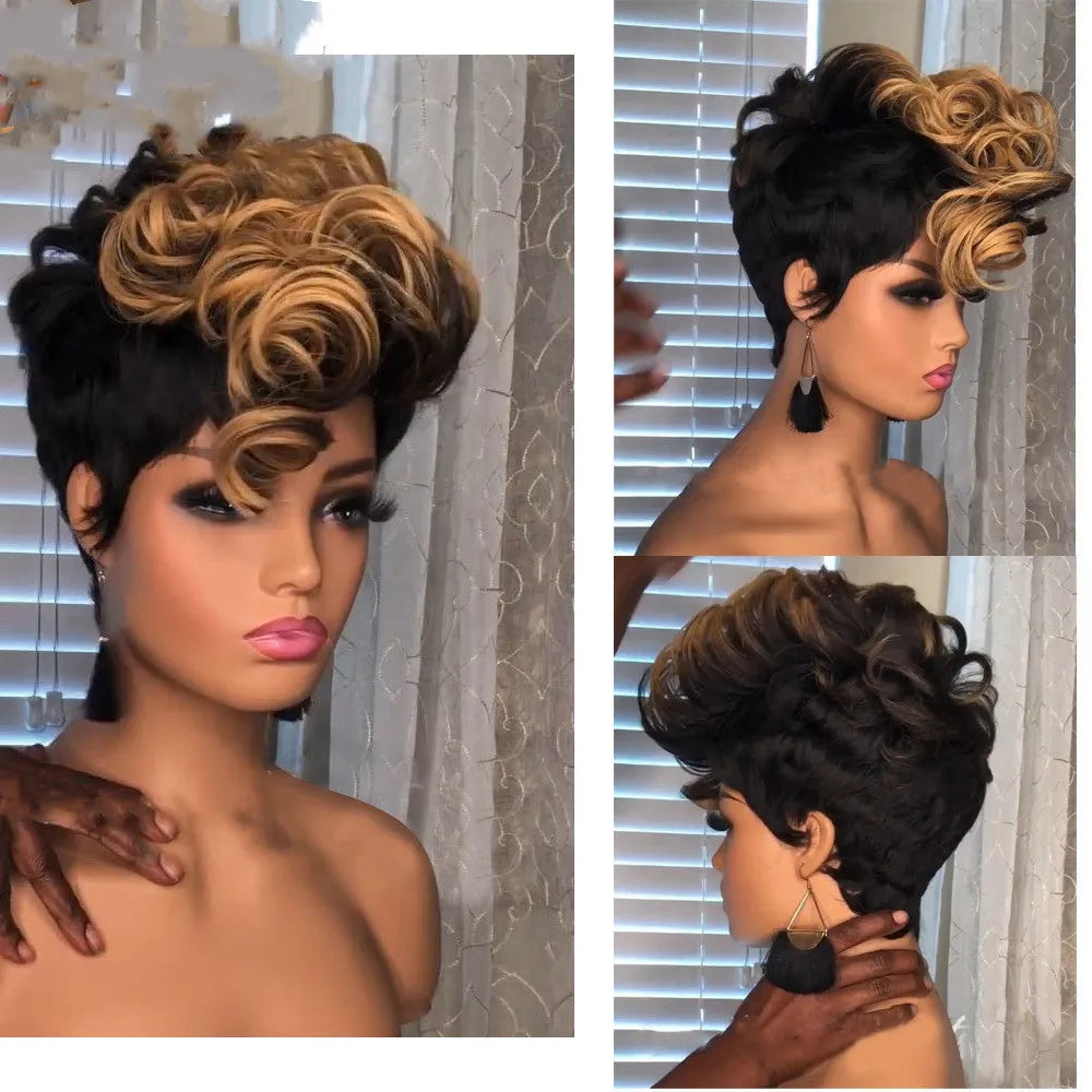 Short curly wig with small curls and Qi bangs, 15cm length, adjustable 52-56cm head circumference, button net cover