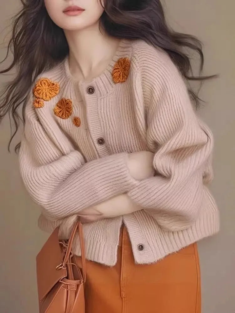 Women's simple embroidered flower age-reducing sweater cardigan in solid colour thick polyester fibre loose fit
