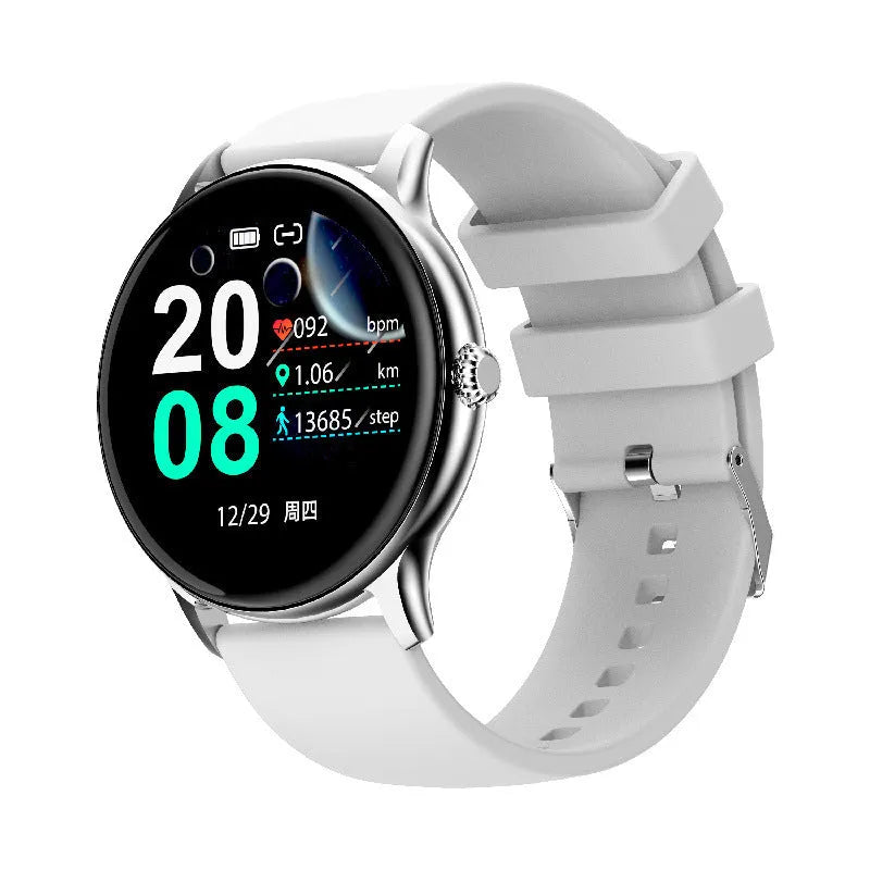 Black smartwatch with circular 1.28-inch screen and silicone strap for blood pressure and activity tracking.