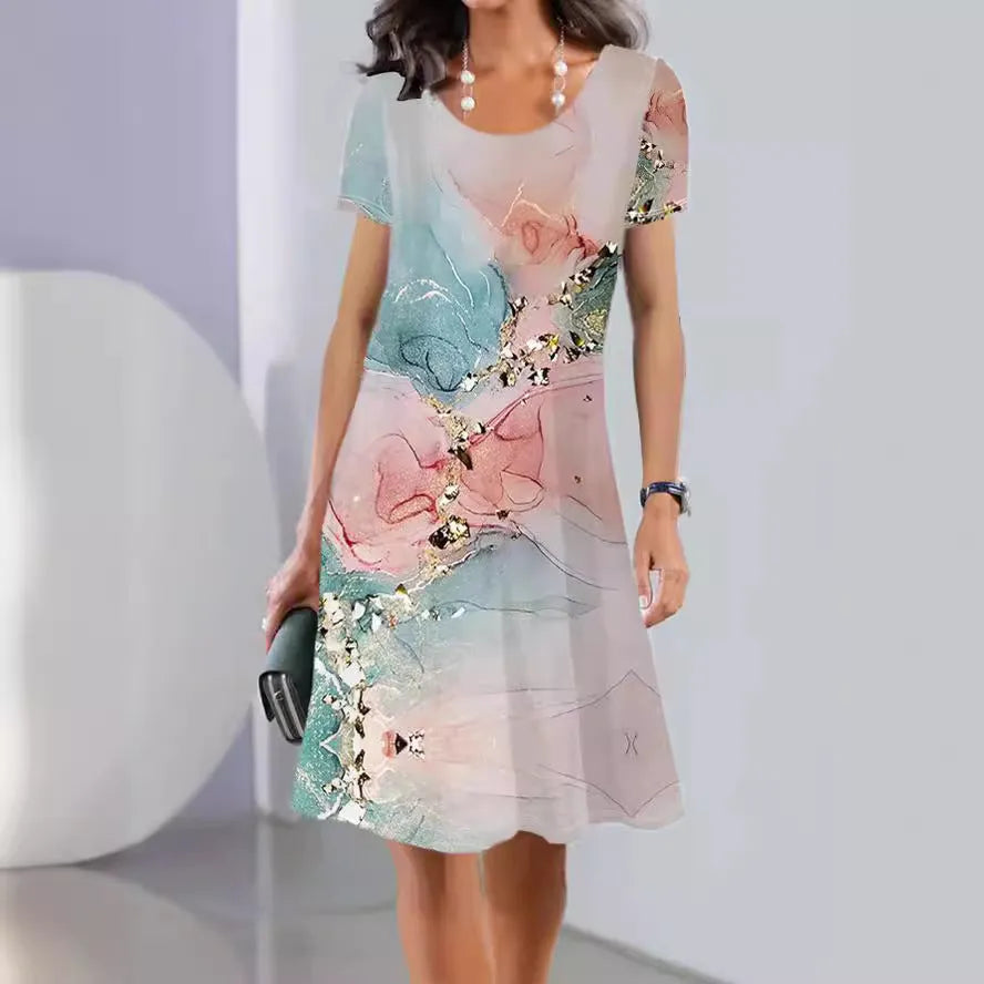 Women's floral print Ice Silk midi dress with short sleeves on a hanger.