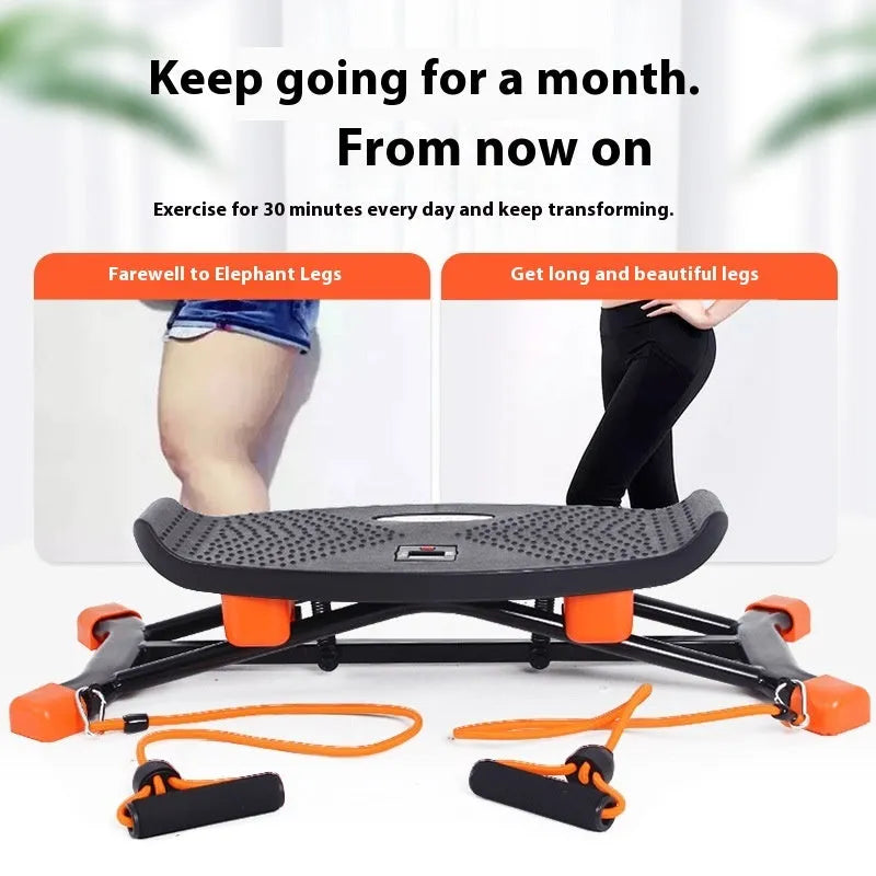 Black mini fitness skiing machine folded to 77x32x17cm with elastic hand straps