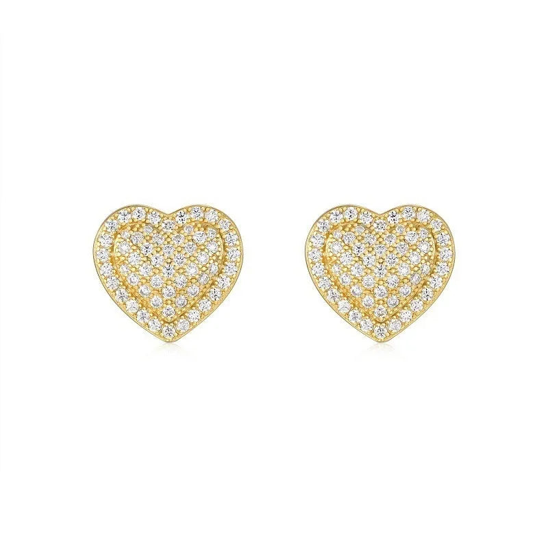 Golden heart-shaped moissanite stud earrings in S925 sterling silver setting