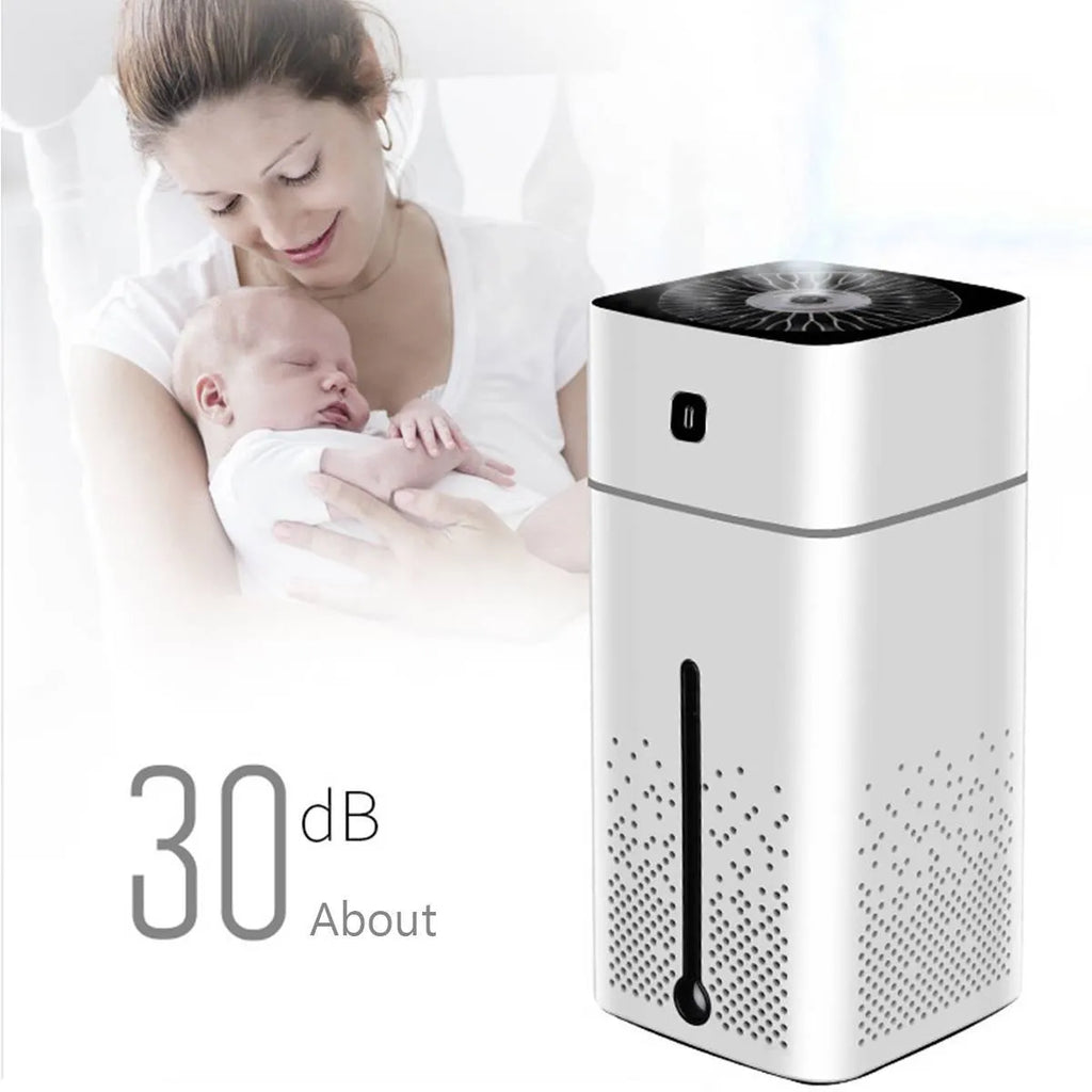 Black or white desktop humidifier with USB cable, 1000ml capacity, dimensions 103x103x218mm.