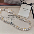Double-layer pearl necklace with micro-inlaid square pendant and electroplated finish for women 43cm