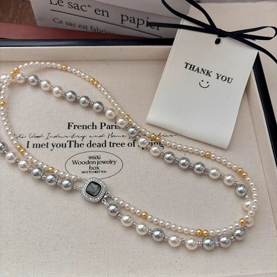 Double-layer pearl necklace with micro-inlaid square pendant and electroplated finish for women 43cm