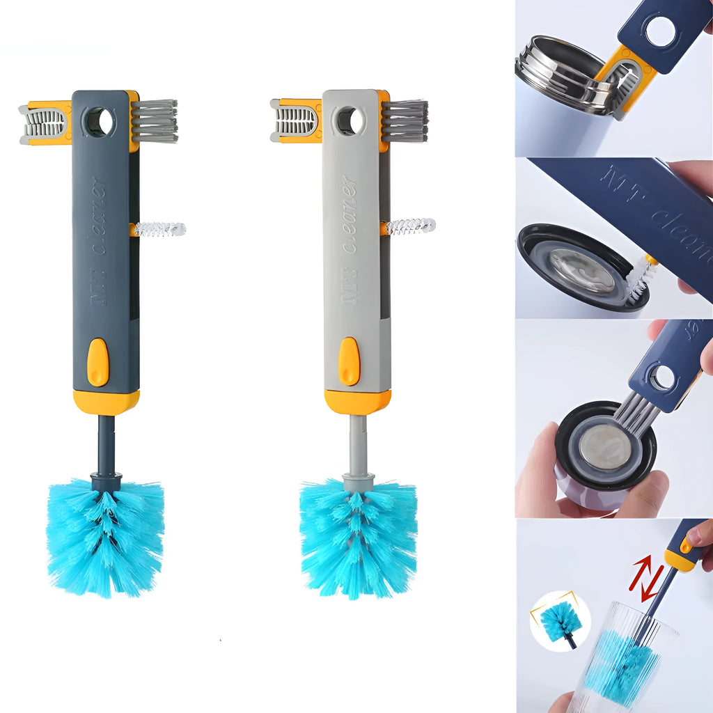 Blue and grey 4-in-1 bottle gap cleaner brush with U-shaped silicone head and multiple cleaning attachments