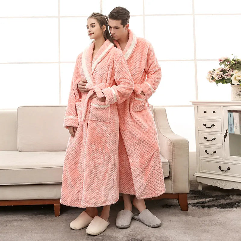 Unisex winter bathrobe thick flannel solid colour gown for couples available in black green orange red sizes M to 3XL