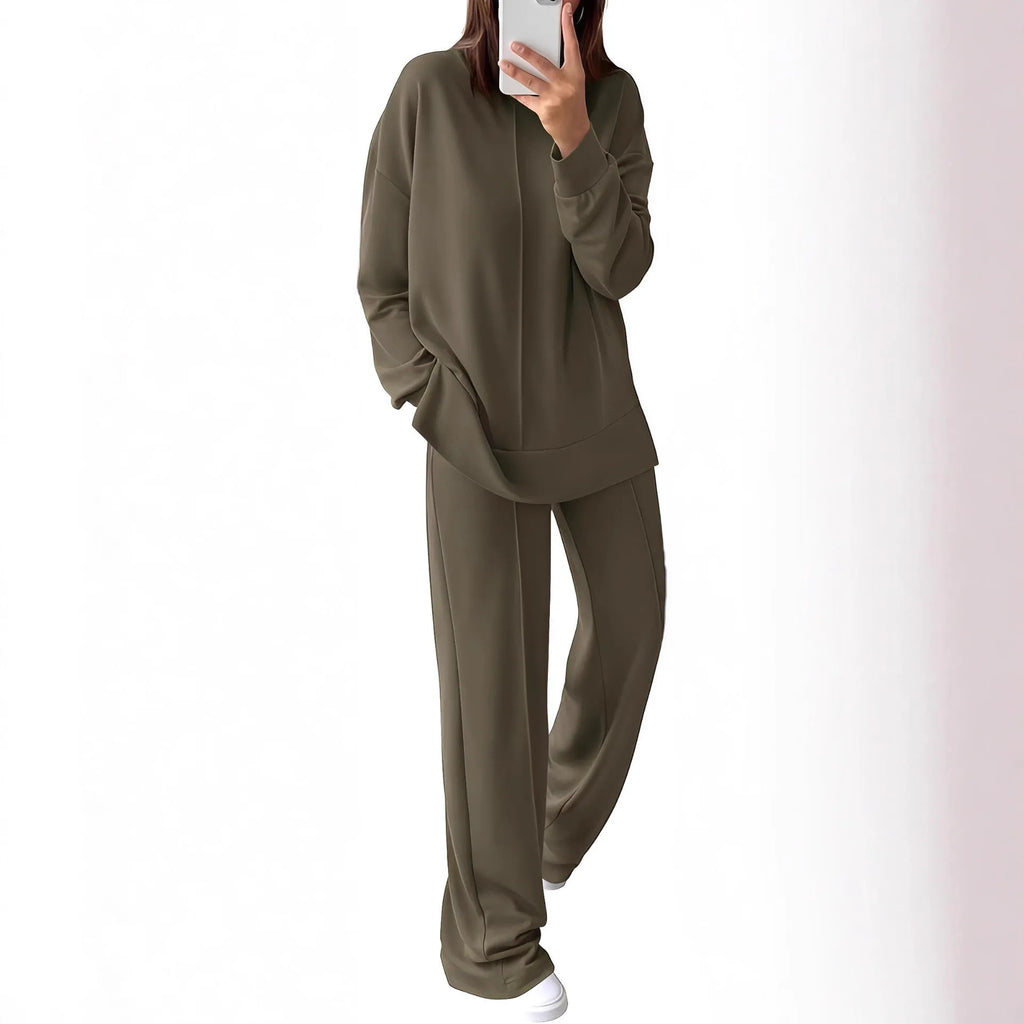 Women's army green long-sleeve polyester jogging suit, a two-piece top and trousers set for lounge wear.