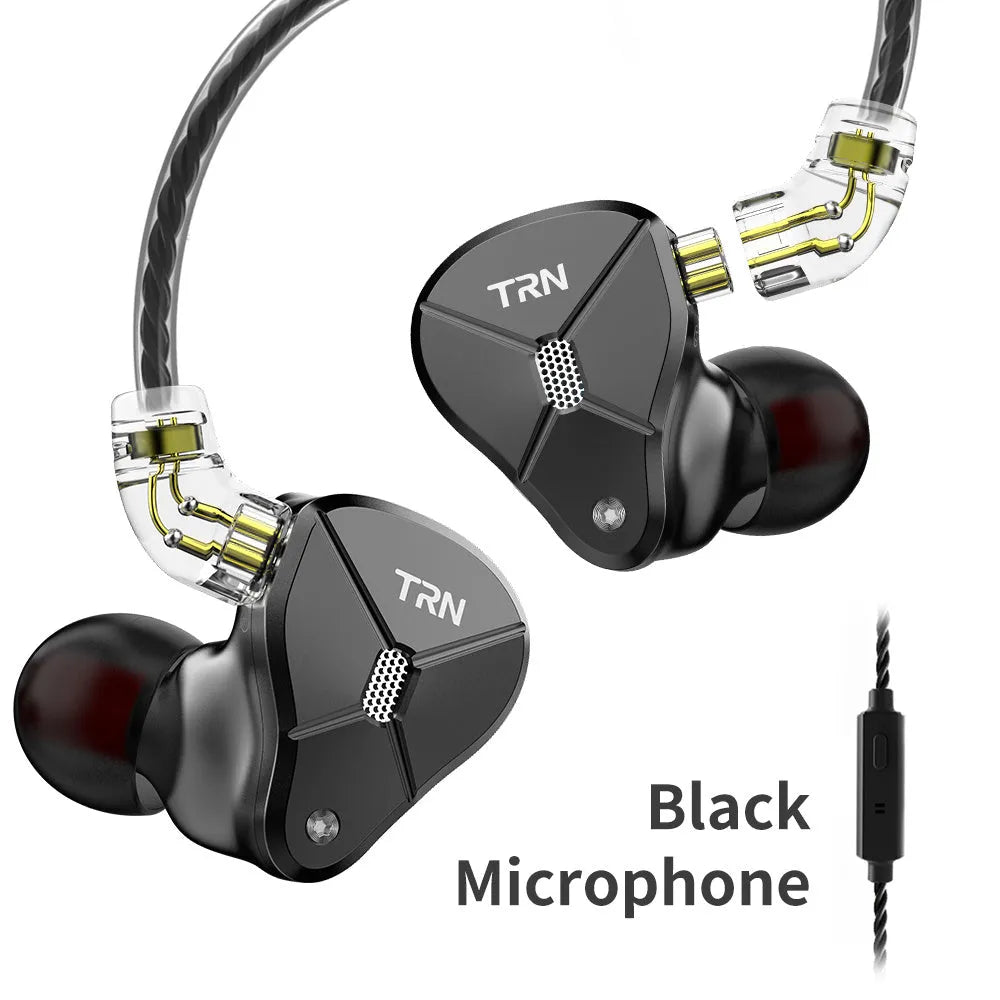 Black in-ear mobile headset with 3.5mm plug and TPE cable showing silicone ear sleeves