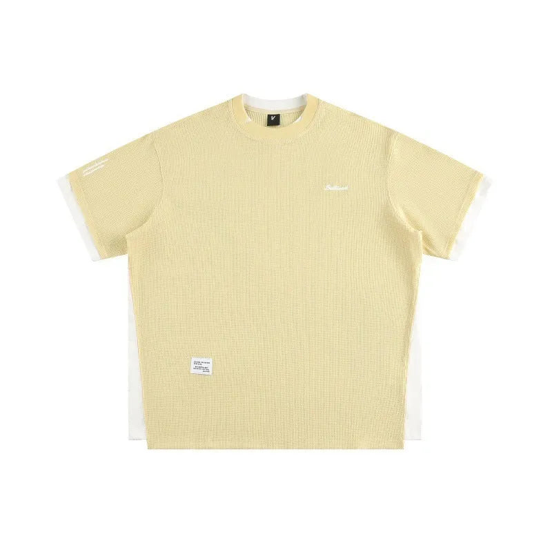 Retro alphabet embroidered loose waffle short-sleeved t-shirt in polyester fibre fabric