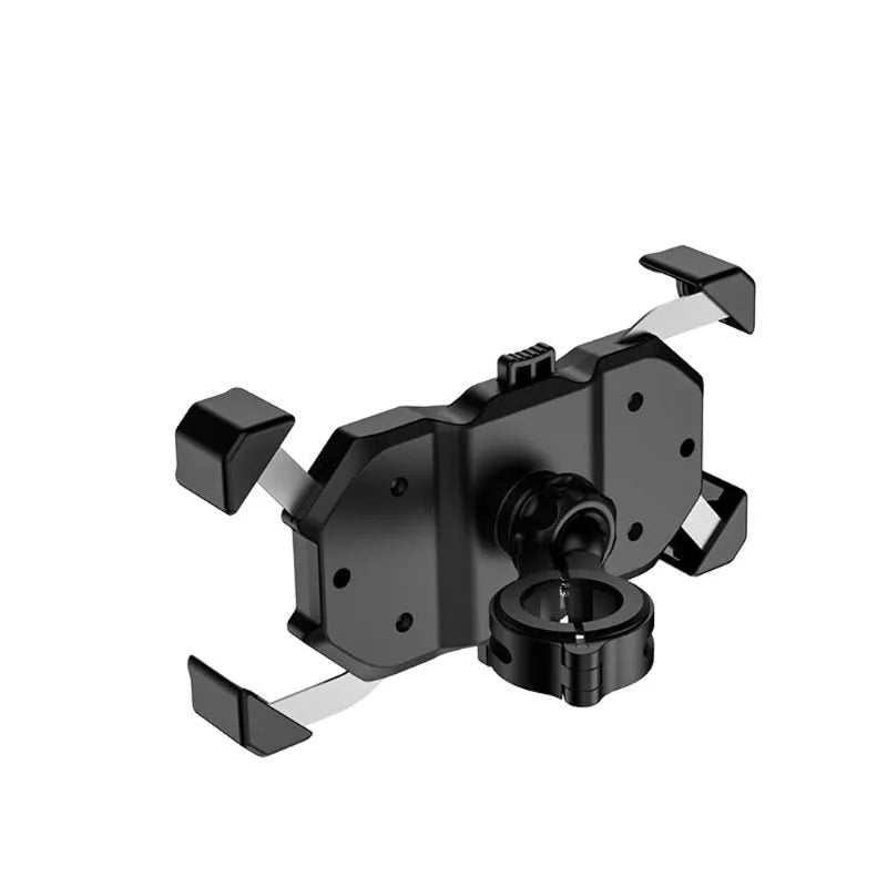 Black plastic motorcycle phone holder with wireless charging and 360-degree rotation mounted on a handlebar