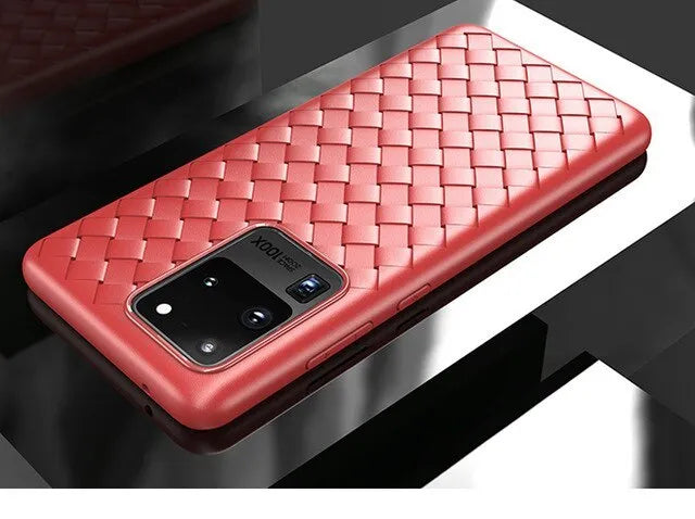 Woven texture TPU phone case for Samsung Galaxy models in black, blue, green, grey, red.