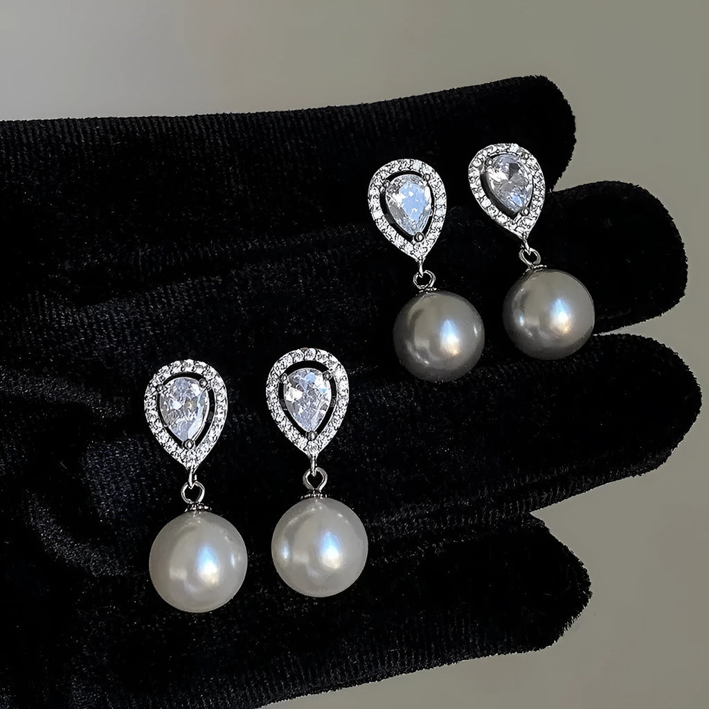 Water drop earrings with full diamond accents and pearl drop, copper alloy, electroplated finish, R0132 colour