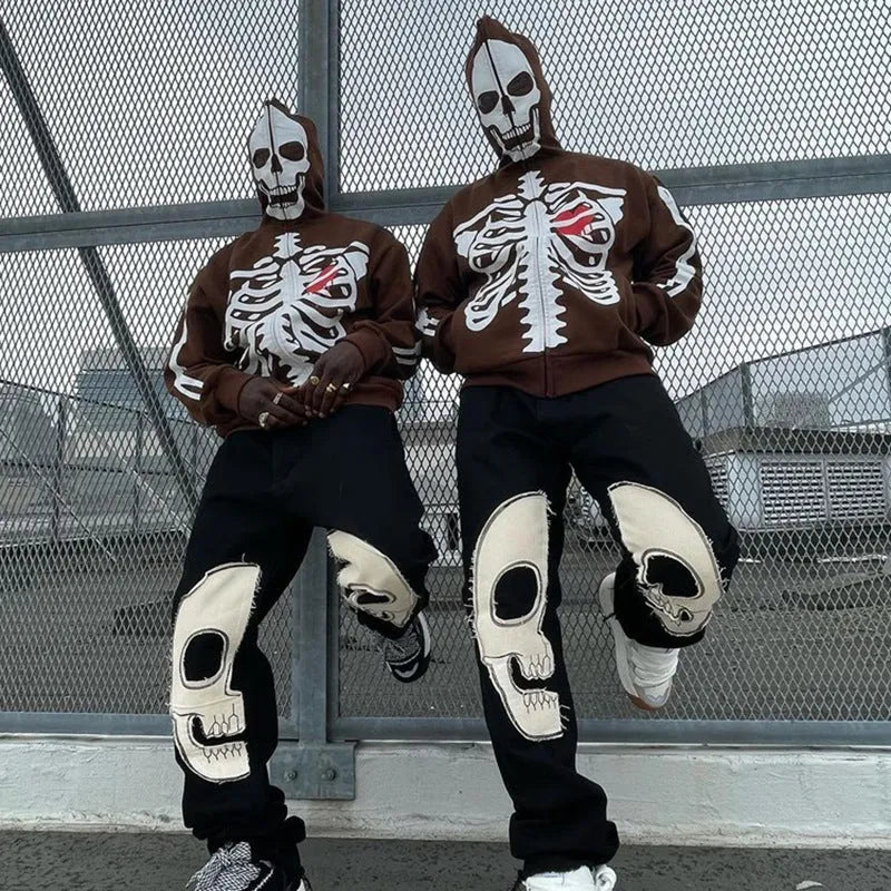 Y2K crew neck skeleton sweater coat cardigan in black, loose fit, polyester fabric