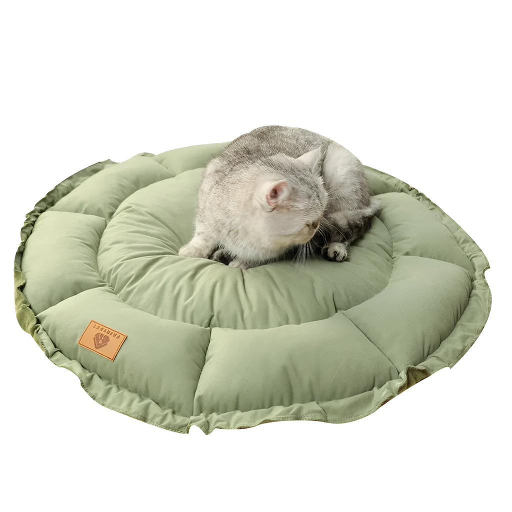 Reversible donut pet bed in grey and green colours for indoor cats and small dogs