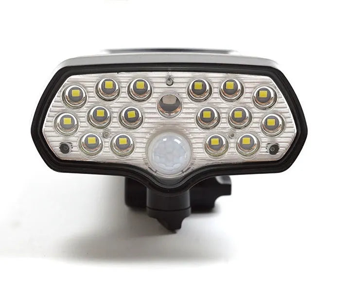 Black solar outdoor garden light with 17 LED beads, 6000-6500K output, IP65 waterproof rating, and 2200mAh battery