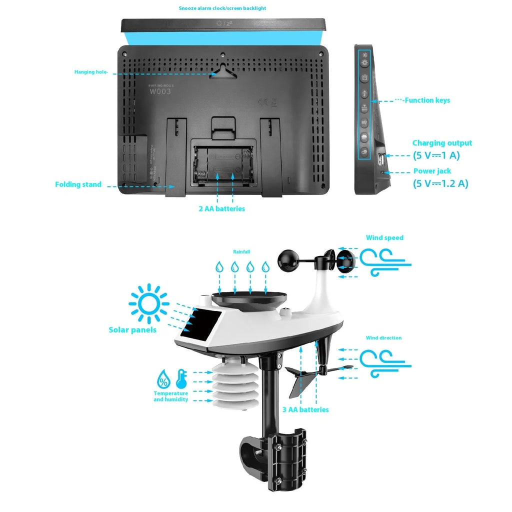 Multifunctional professional weather station with display showing temperature, humidity, wind speed, and rainfall data for indoor outdoor use