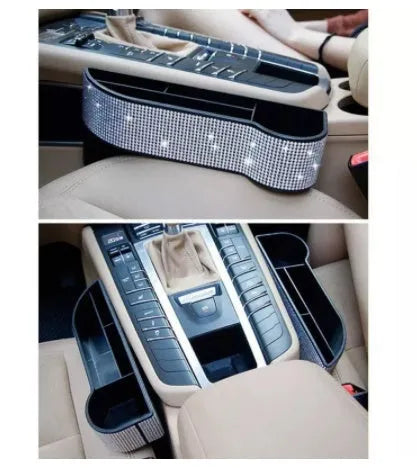 Diamond-studded car seat storage box in white, made from ABS and microfiber leather, 26.2cm x 12.5cm, for GM models